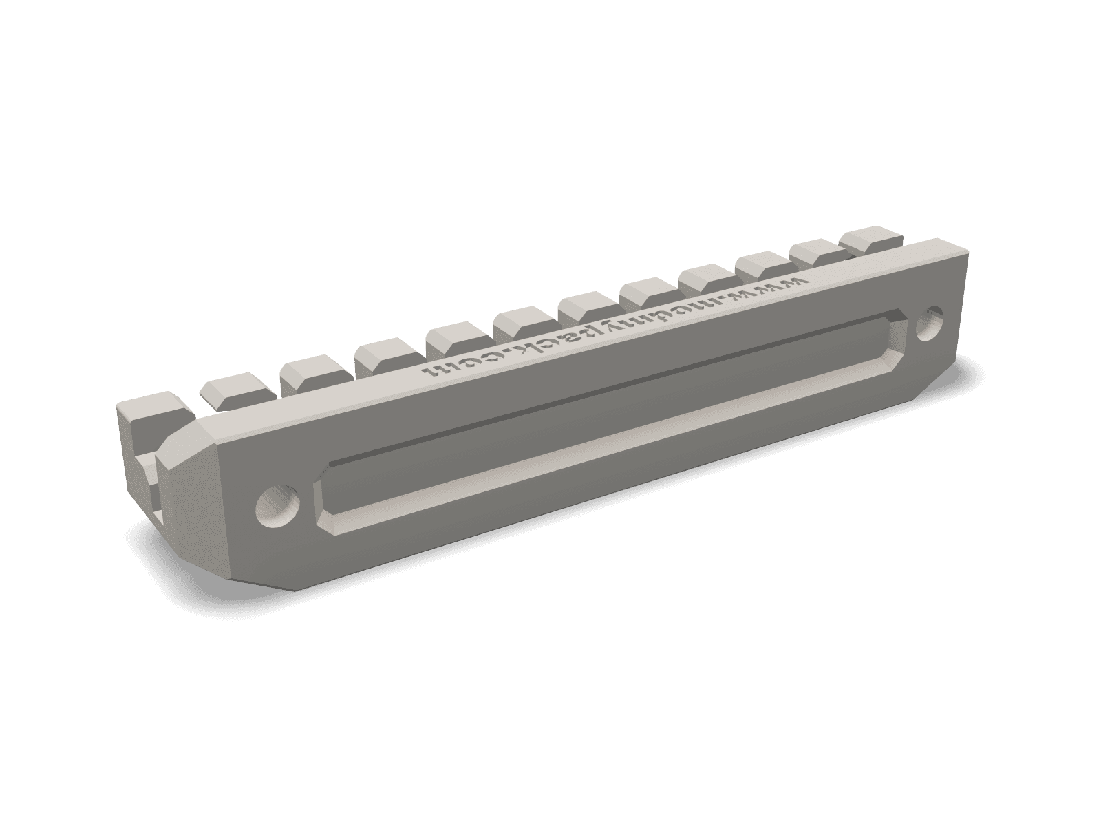 Render of the cradle from behind and above, showing the long slotted face