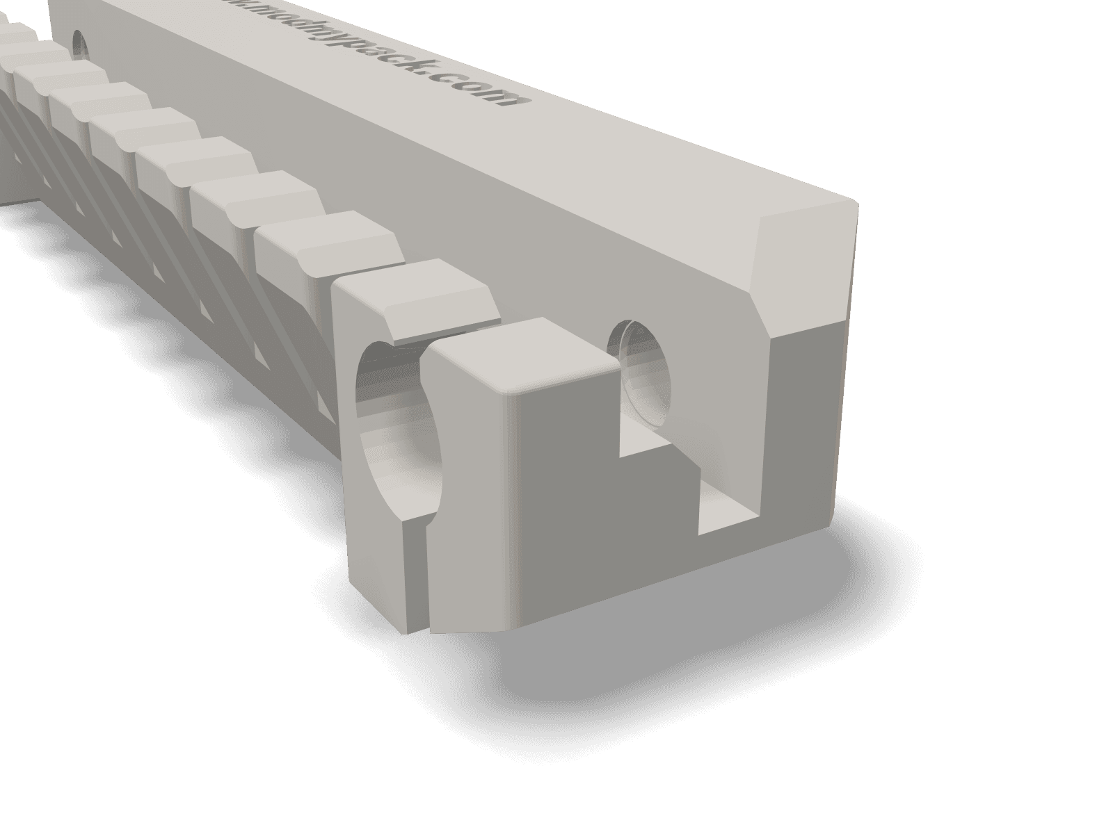 Close-up render of one end of the cradle and its mounting hole