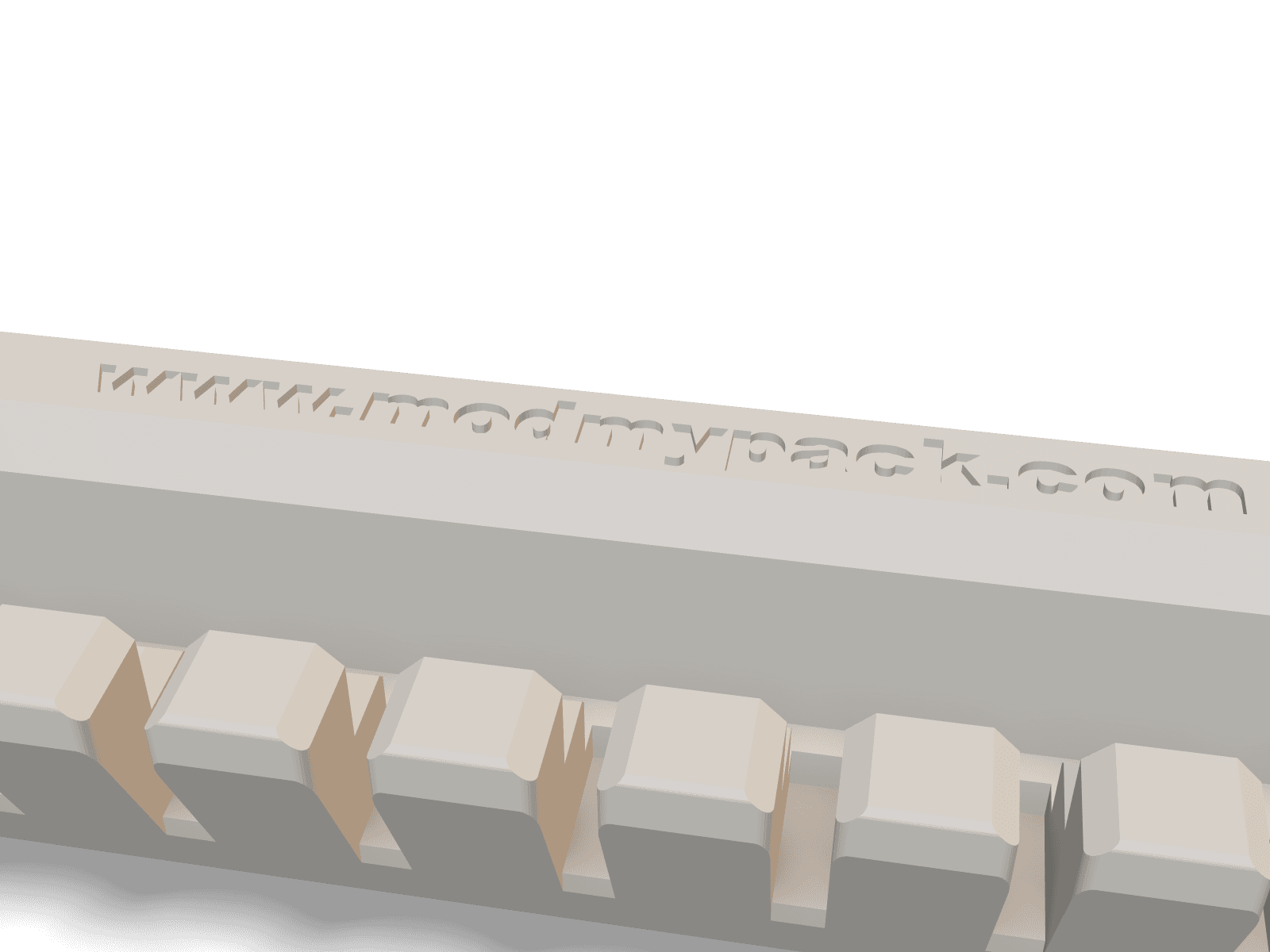 Close-up render of the www.modmypack.com lettering on top of the cradle