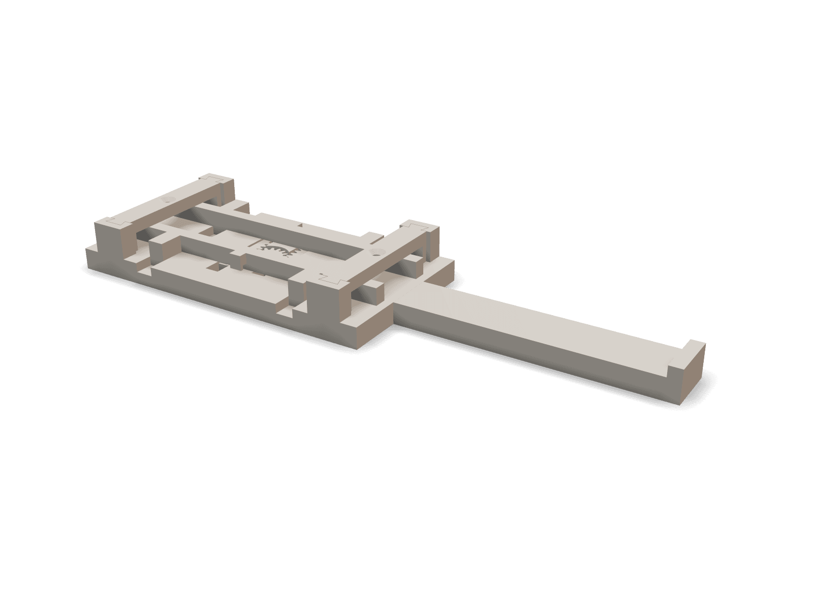Render of the assembled jig from behind and to the left, with the stop arm